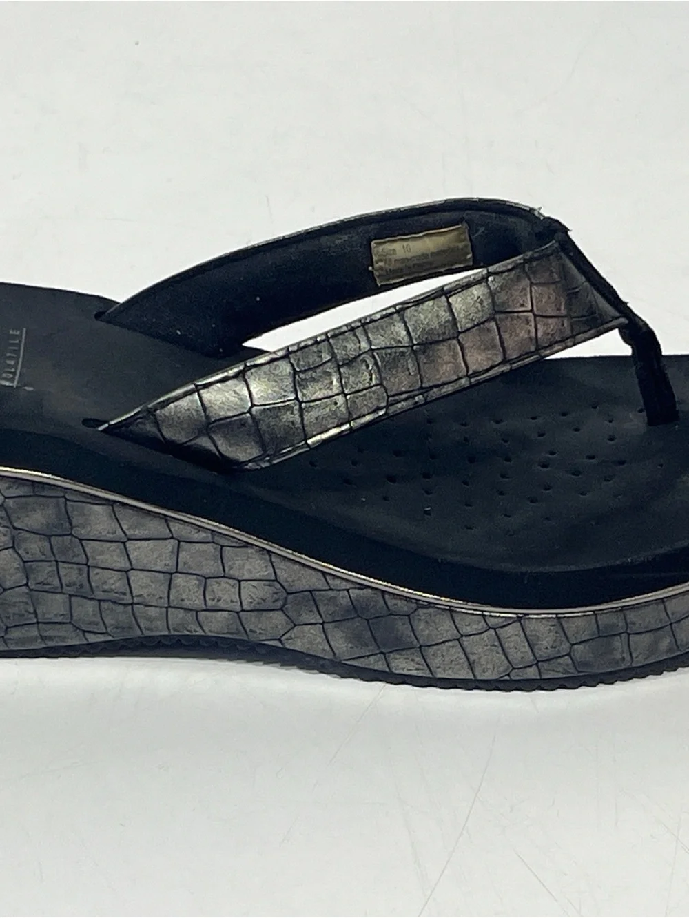 Volatile Metallic Black Croc-Embossed Wedge Thong Sandals